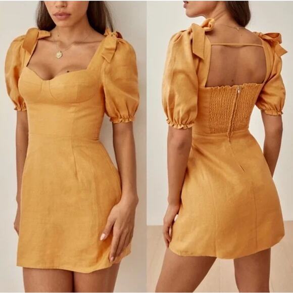 REFORMATION Spring Bow Dress 100% Linen Mini Sweetheart Cottagecore Puff Sleeve